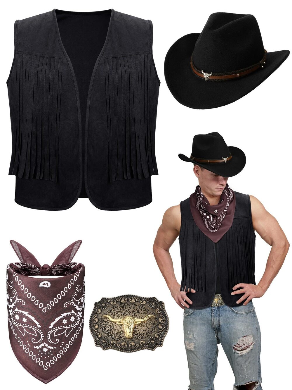 1082 4 Pcs Western Outfits Cowboy Tassel Vest Hat Belt Buckle Paisley